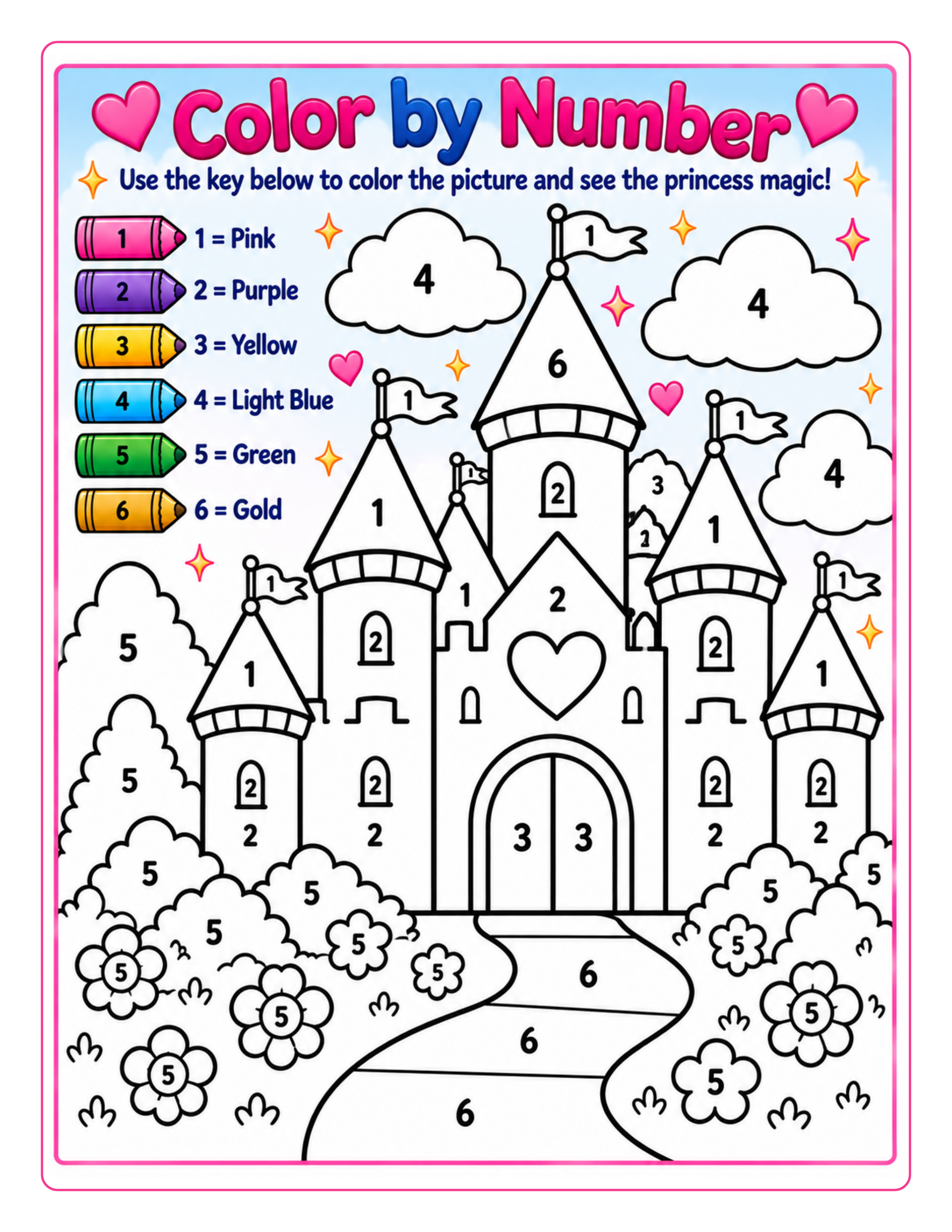 Color by Number princess castle activity page with numbered color key
